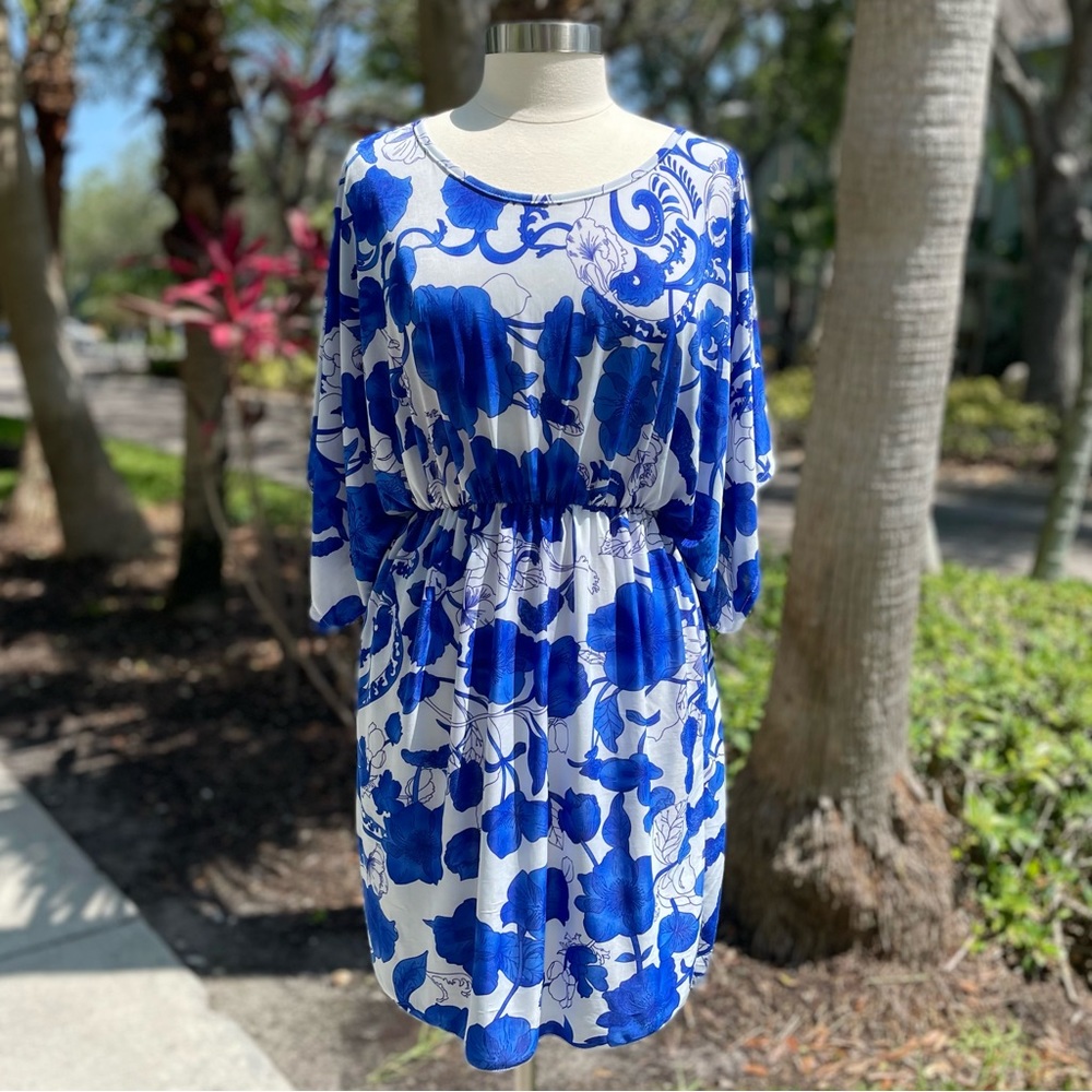 Blue White Floral Dress Size XL 16 Stretch Wedding Career Holiday Pretty Travel